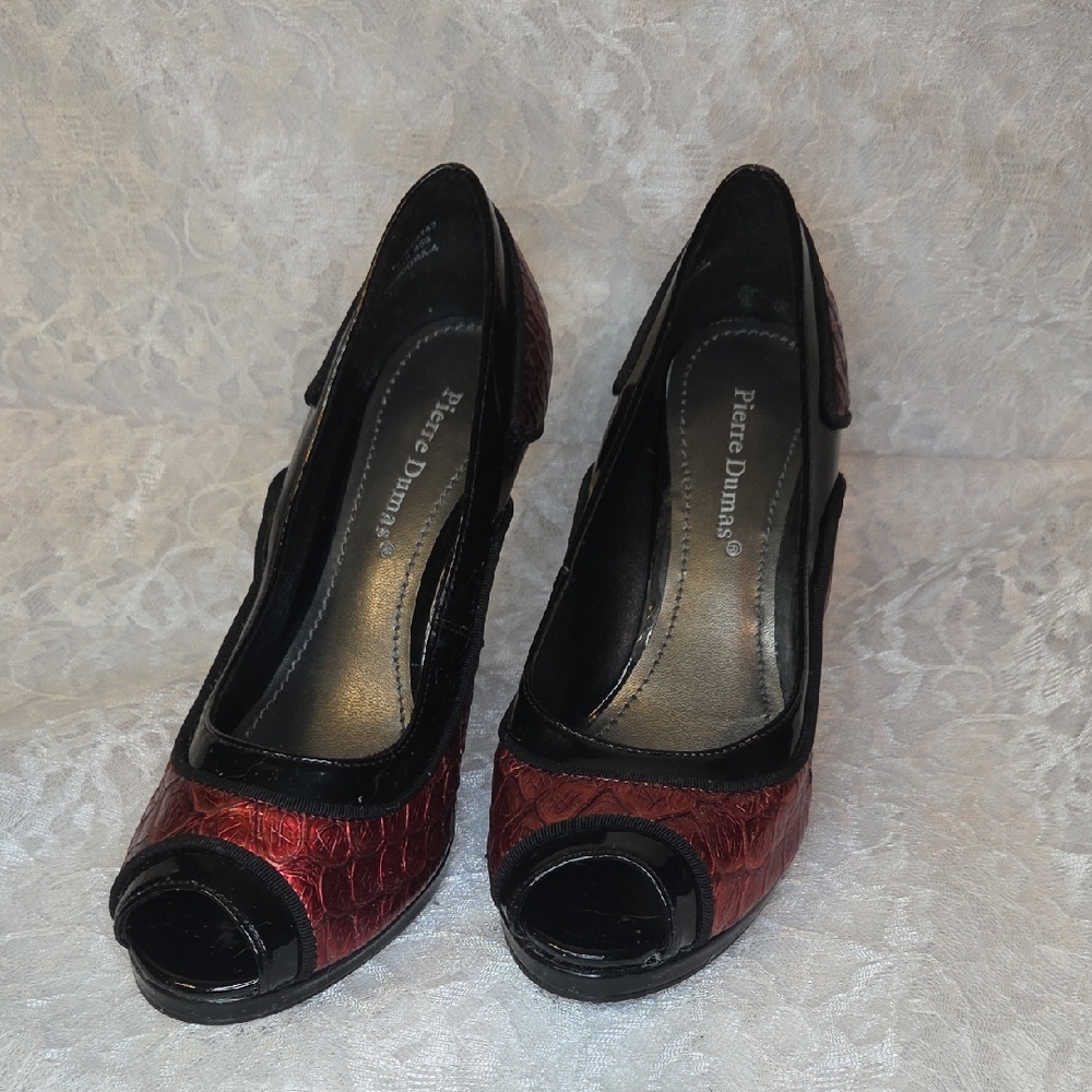 Pierre Dumas Red and Black Peep Toe Heels